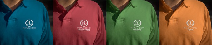 Logo design printed onto coloured t-shirts. Palmers Lodges.